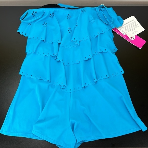 Fit 4U Blue 1 Piece Bathing Suit Romper Shorts Sz 16 Perforated Floral R… - Picture 13 of 13